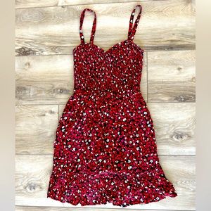 Red, Black, White Floral Dress with Smocked Chest